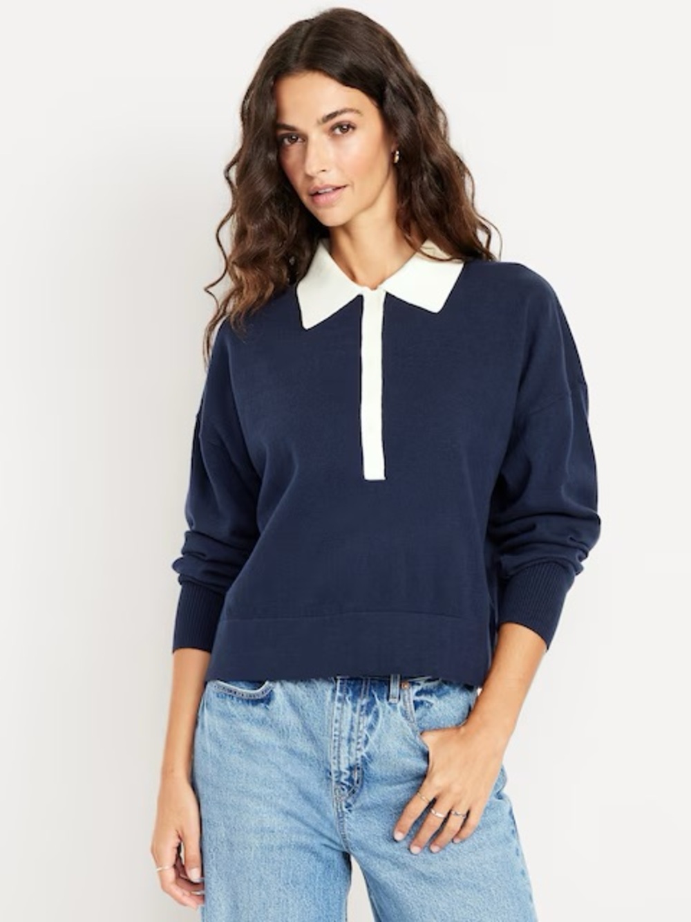 Old Navy: Navy Polo-Collar Knit Sweater with Cream Trim